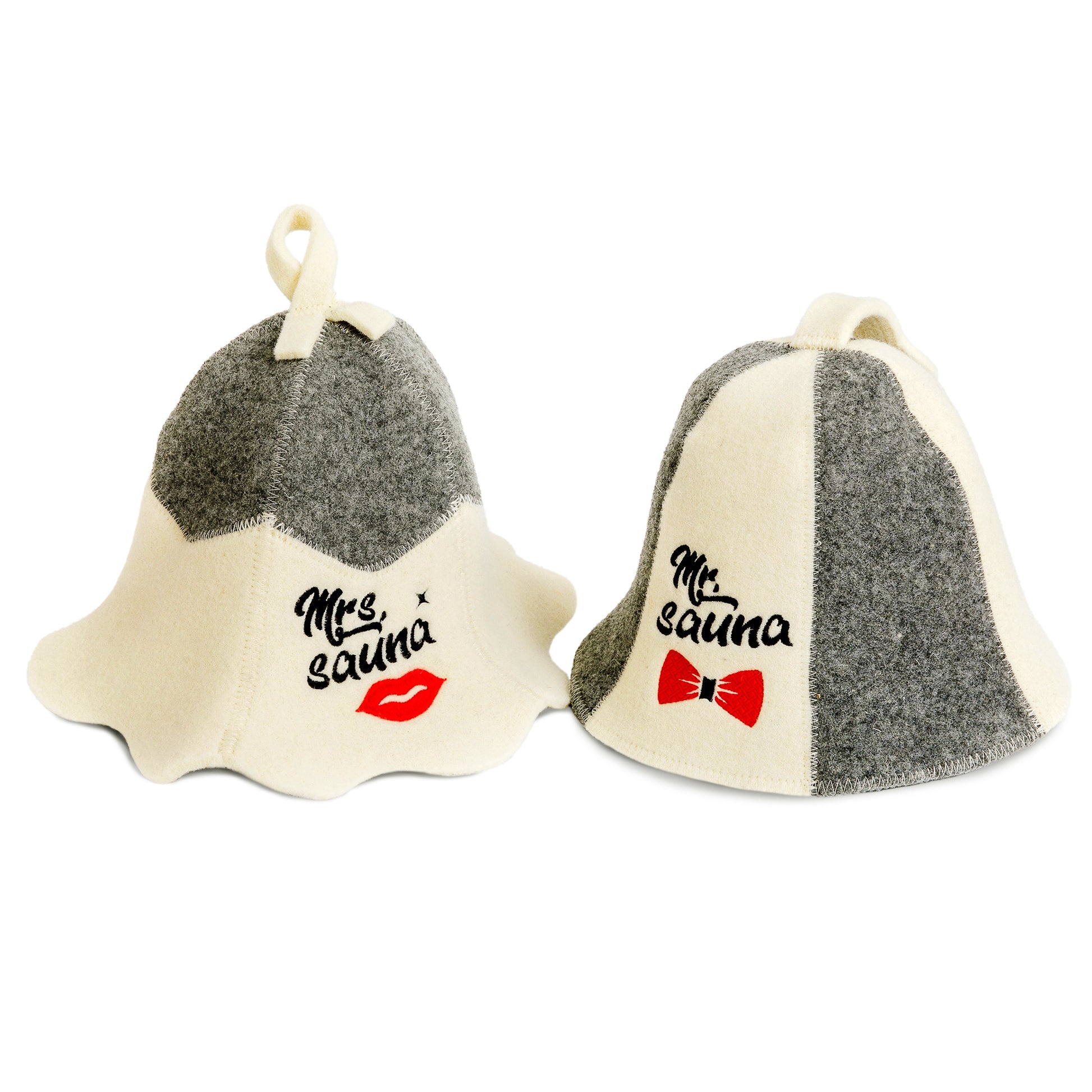 Two wool sauna hats, one labeled 'Mrs. Sauna' with a red lips graphic, the other 'Mr. Sauna' with a red bow tie graphic