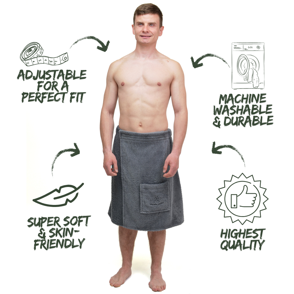 Sauna-Wickeltuch für Herren mit Tasche – 100 % Baumwolle, verstellbare Passform