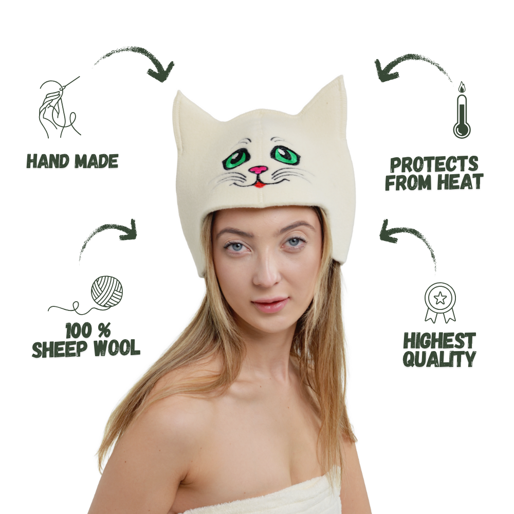 Sauna Hat ‘Green-eyed Kitty’ 100% Wool