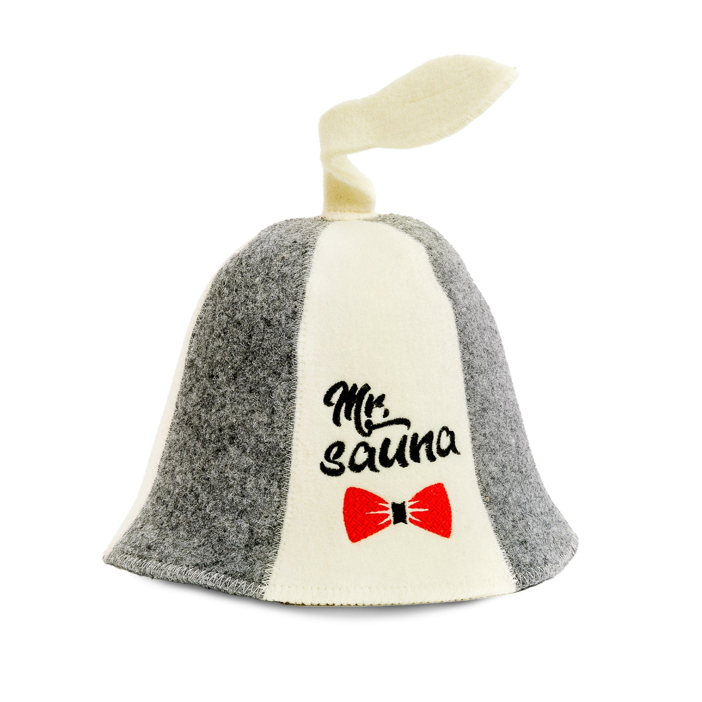 Light grey and white wool sauna hat with 'Mr. Sauna' text and red bow tie graphic