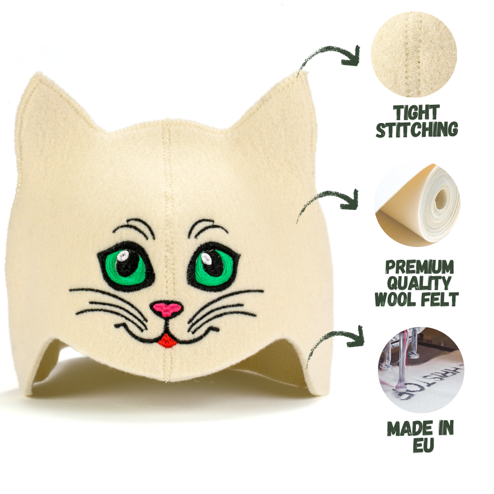 Sauna Hat ‘Green-eyed Kitty’ 100% Wool