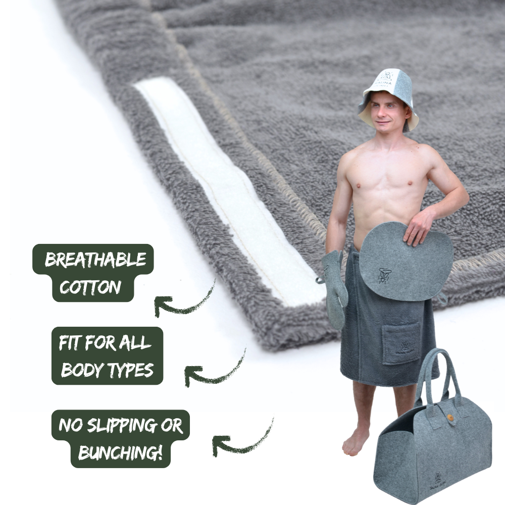 Sauna-Wickeltuch für Herren mit Tasche – 100 % Baumwolle, verstellbare Passform