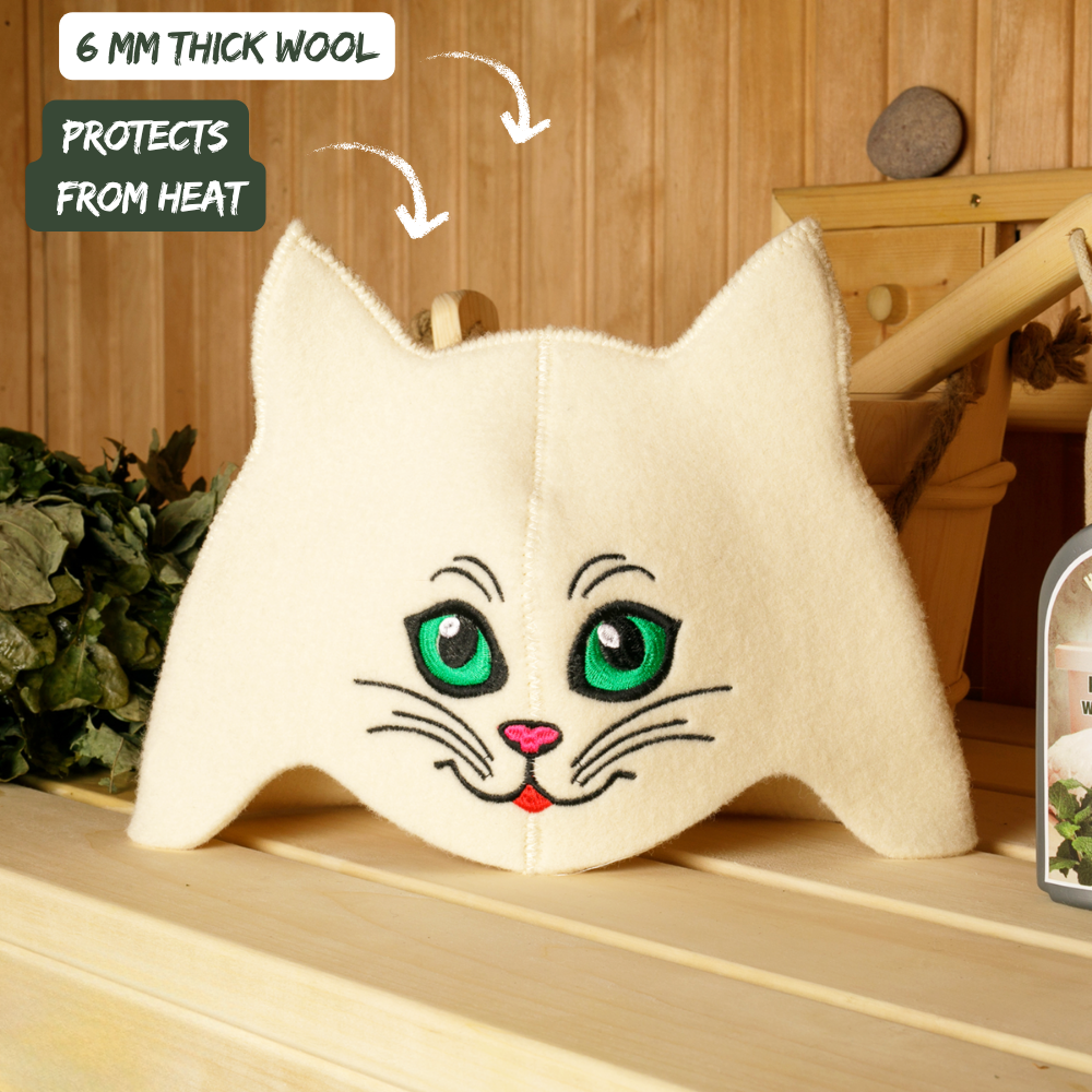 Sauna Hat ‘Green-eyed Kitty’ 100% Wool