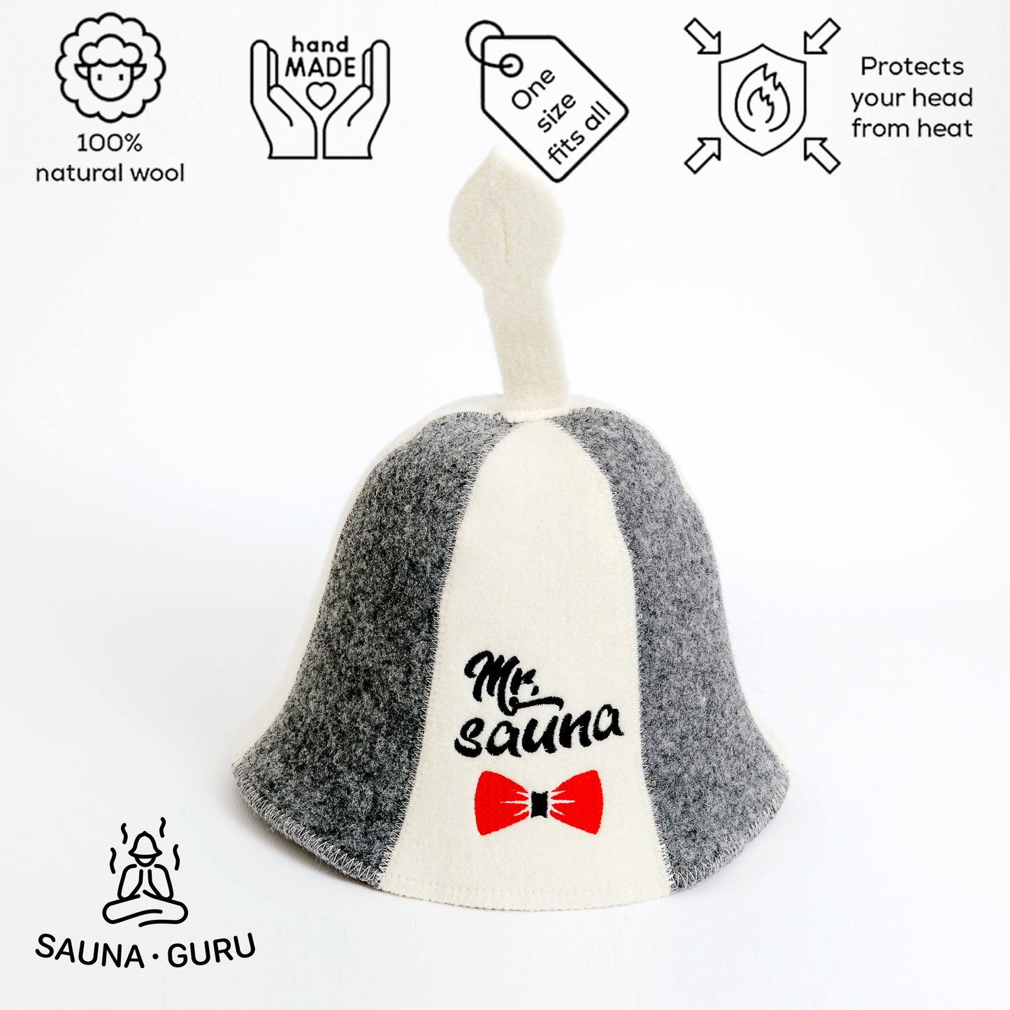 100% wool sauna hat designed for men. The hat is light-colored with grey accents, and has a red bow tie icon and the text 'Mr. Sauna