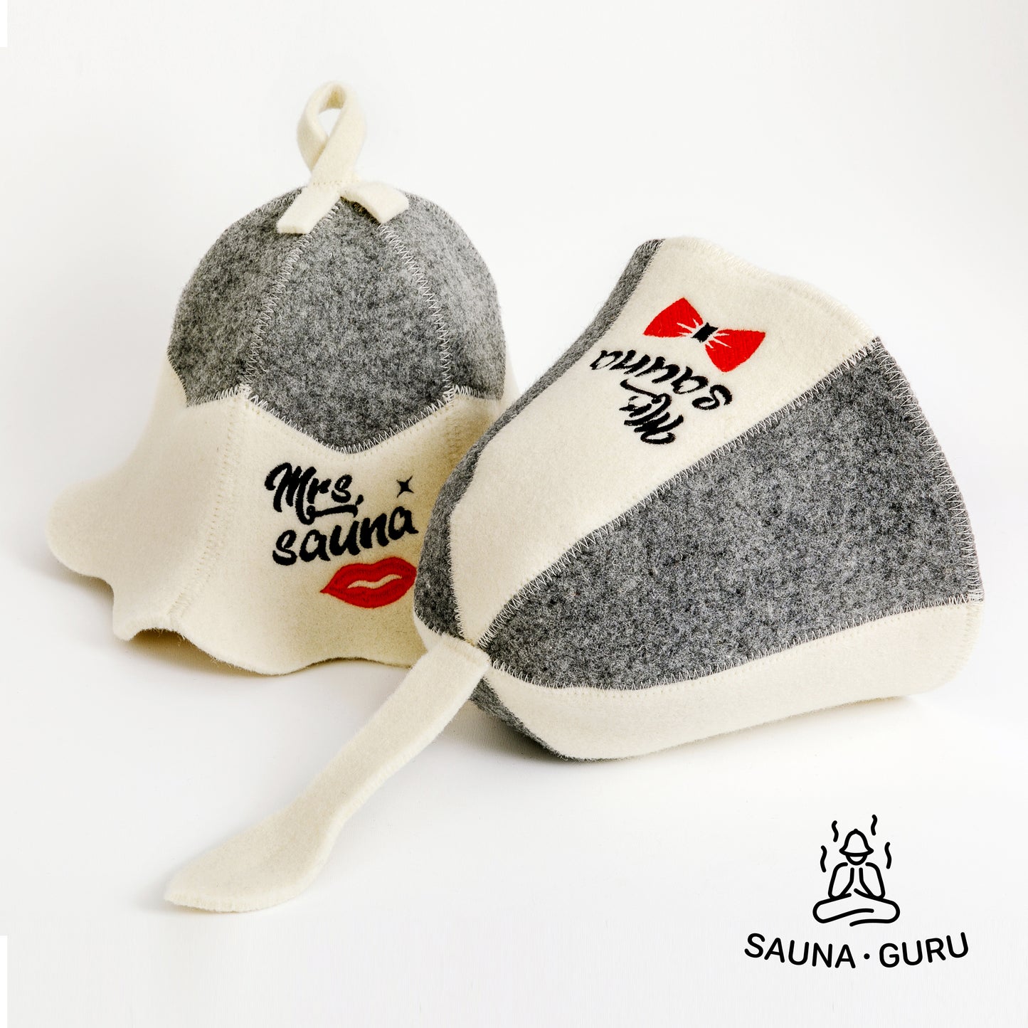 Two 100% wool sauna hats designed for couples. The 'Mrs. Sauna' hat has a red lips icon, and the 'Mr. Sauna' hat has a red bow tie icon. Both are light-colored with grey accents