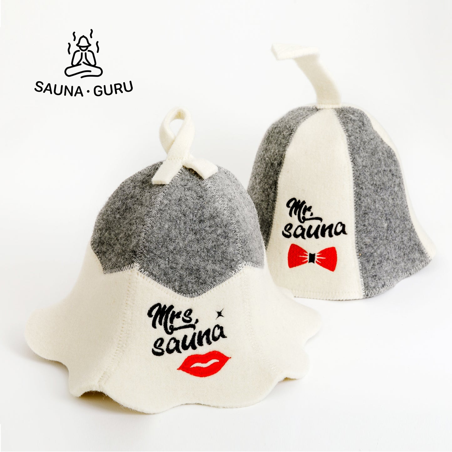 Two wool sauna hats, one labeled 'Mrs. Sauna' with a red lips graphic, the other 'Mr. Sauna' with a red bow tie graphic