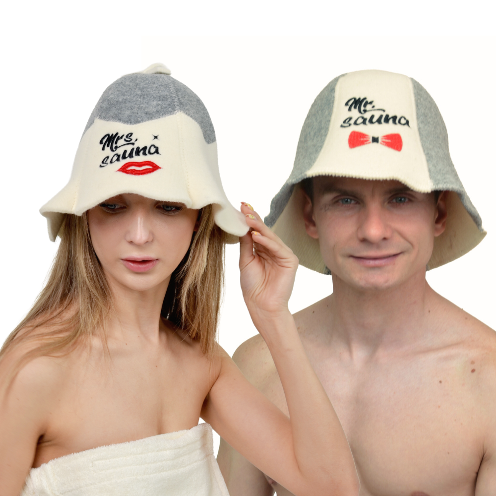 Saunahüte „Mr. and Mrs. Sauna“, 100% Wolle, 2er-Set – Das perfekte Sauna-Accessoire für Paare