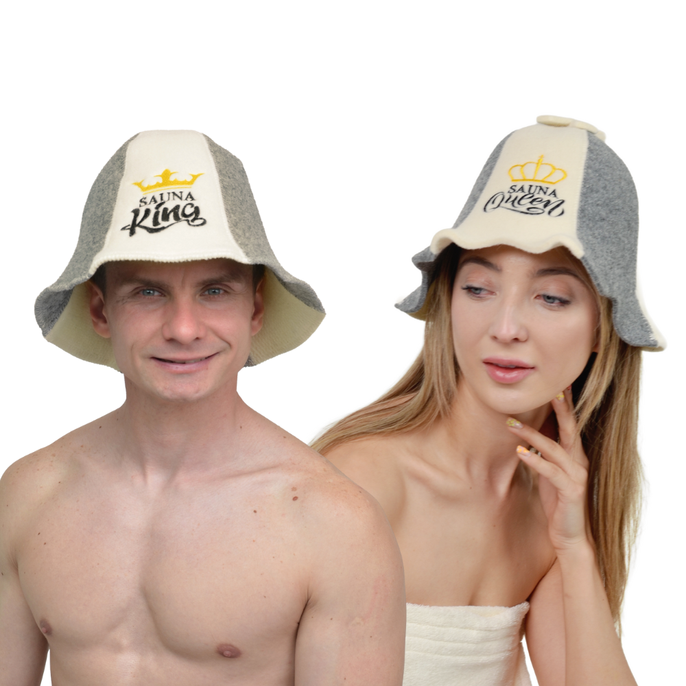Saunahüte „Saunakönig und -königin“, 100 % Wolle, 2er-Set