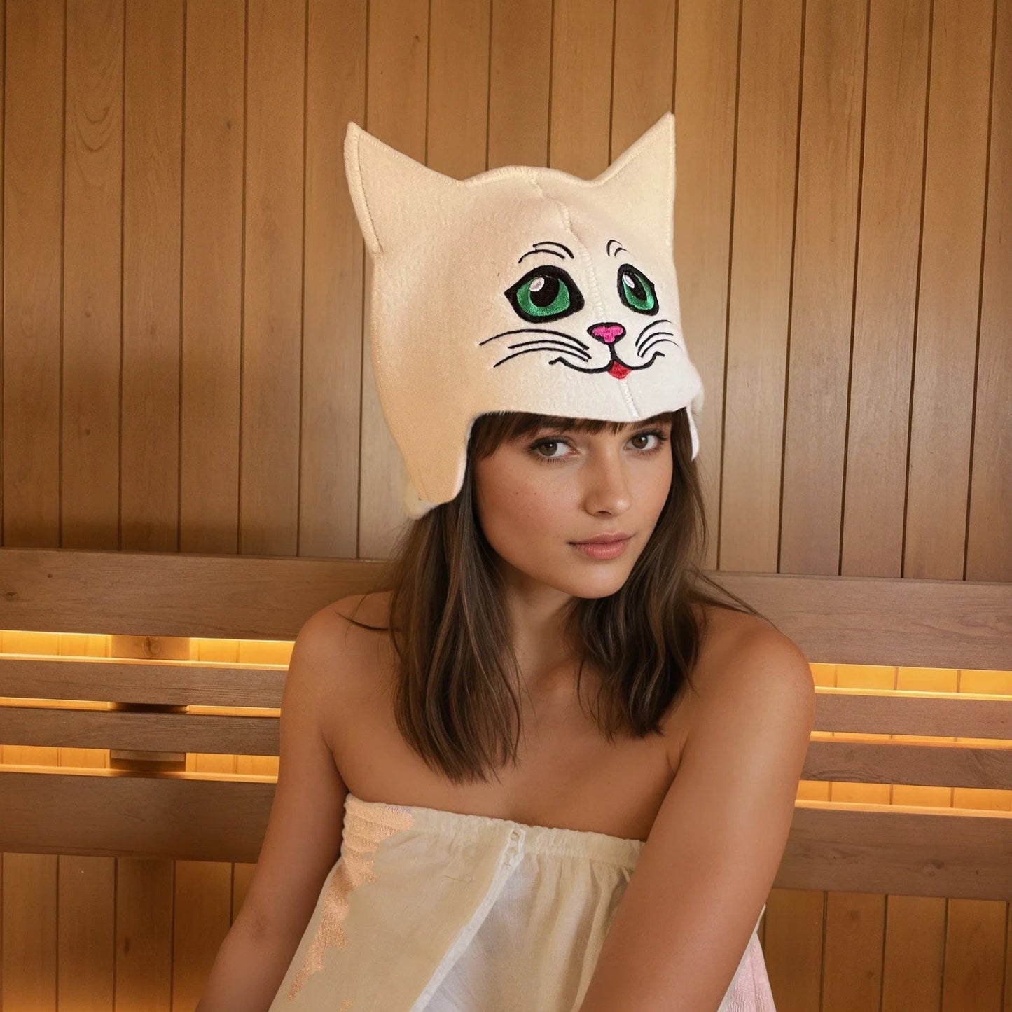 Sauna Hat ‘Green-eyed Kitty’ 100% Wool