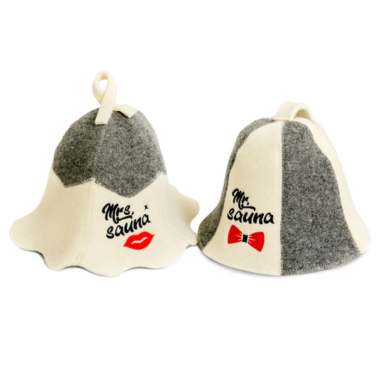Two wool sauna hats, one labeled 'Mrs. Sauna' with a red lips graphic, the other 'Mr. Sauna' with a red bow tie graphic