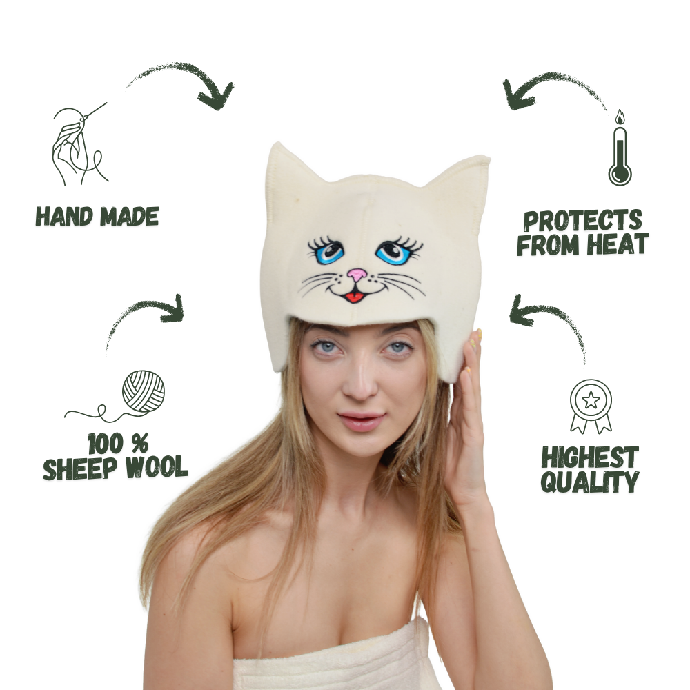 Sauna Hat ‘Blue-eyed Kitty’ 100% Wool