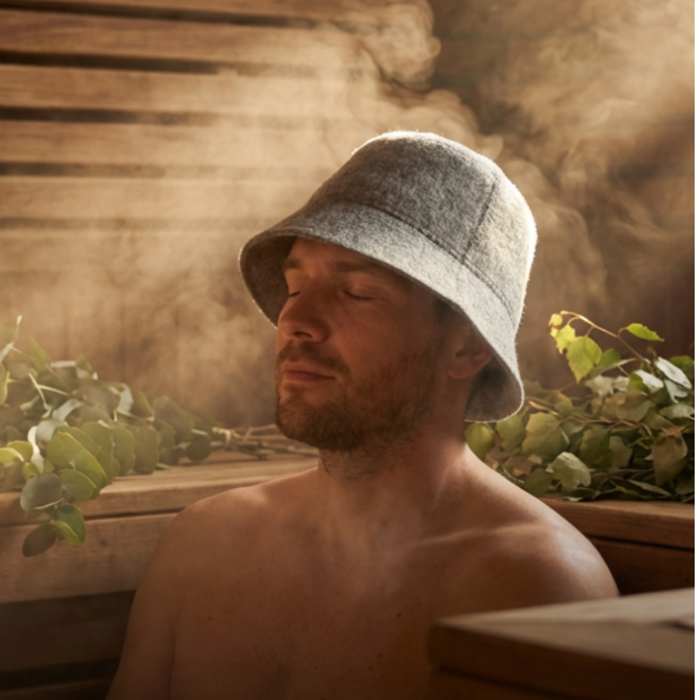 Man sitting in a steam room with bucket hat and plants around