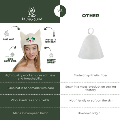 Sauna Hat ‘Green-eyed Kitty’ 100% Wool