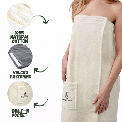 Women’s Sauna Wrap Towel with Pocket – 100% Cotton, Adjustable Fit