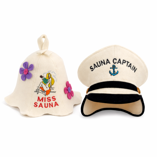 Sauna Hat “Sauna Captain” & Sauna Hat “Miss Sauna”100% Wool, Set of 2