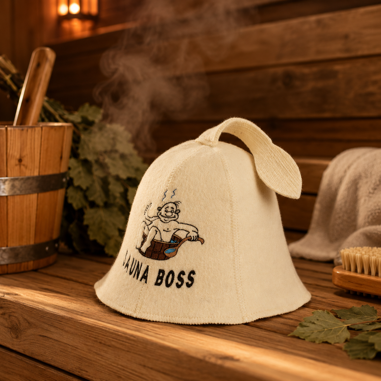 Beige hat with 'Sauna Boss' design on a wooden surface with sauna accessories in the background.