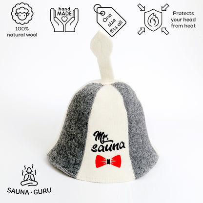 100% wool sauna hat designed for men. The hat is light-colored with grey accents, and has a red bow tie icon and the text 'Mr. Sauna