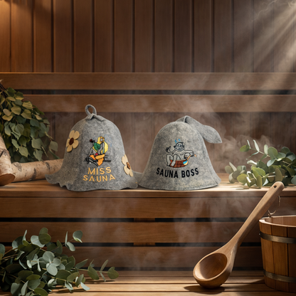 Sauna Hat “Miss Sauna” & “Sauna Boss”100% Wool, Set of 2