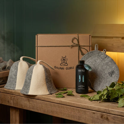Sauna accessories including hats and a bottle on a wooden surface with 'Sauna Guru' branding.