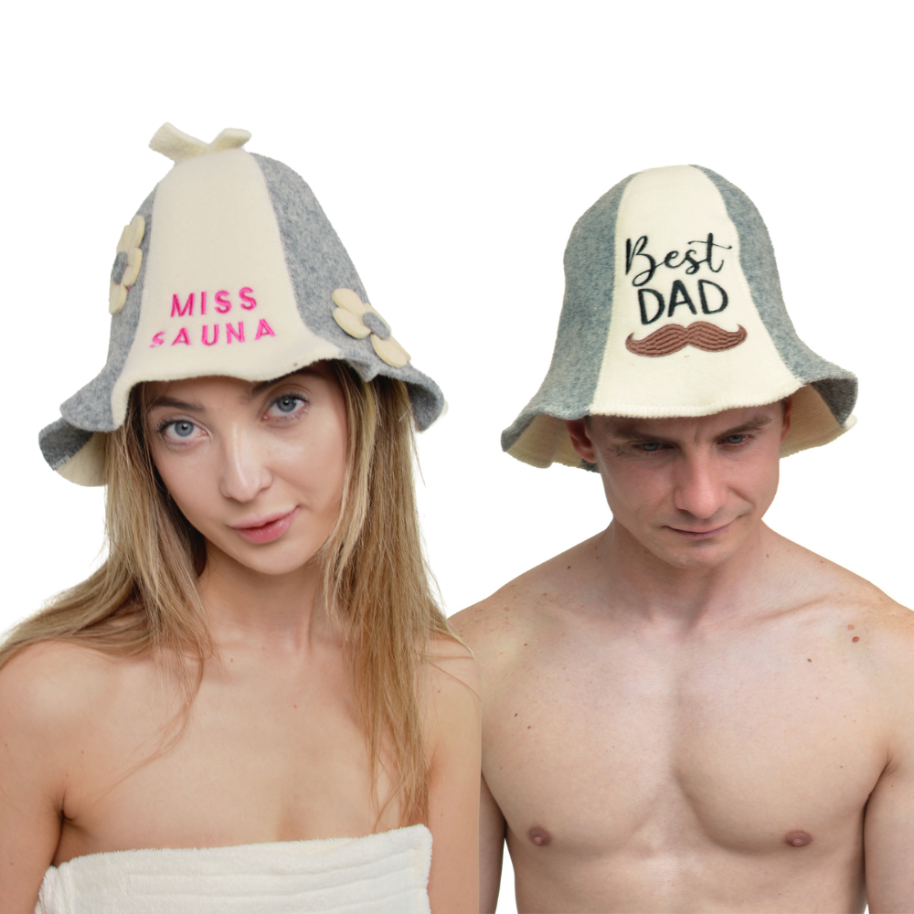 Sauna Hat “Miss Sauna” & “Best Dad”100% Wool, Set of 2