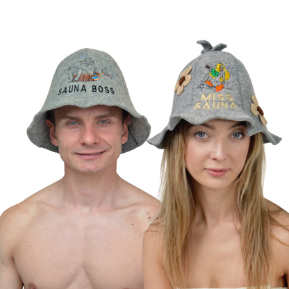 Sauna Hat “Miss Sauna” & “Sauna Boss”100% Wool, Set of 2