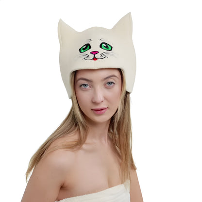 Sauna Hat ‘Green-eyed Kitty’ 100% Wool